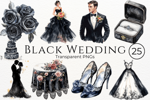 Black Wedding Watercolor Cliparts: Elegant Design Assets