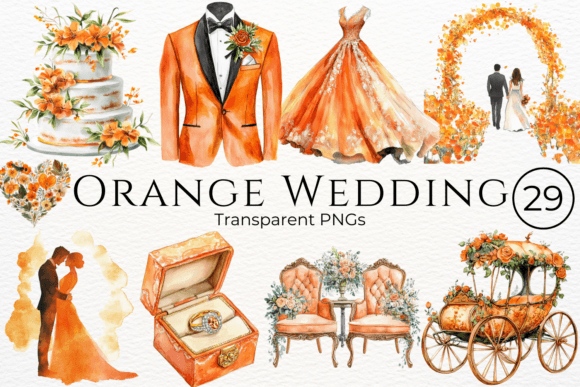 Orange Wedding Watercolor Cliparts for Vibrant Digital Projects