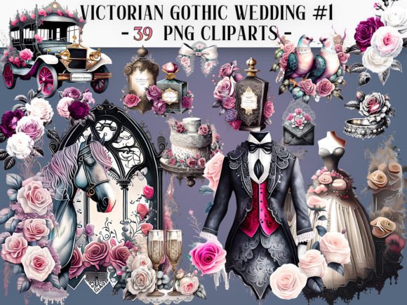 Victorian Gothic Wedding Clipart: Dark Romance Design Assets