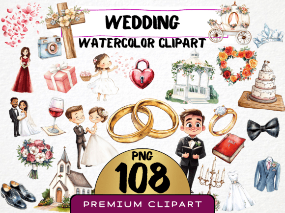Watercolor Wedding Clipart: 108 PNGs for Elegant Design