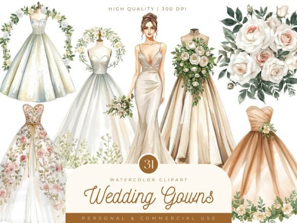 Watercolor Wedding Gowns Clipart: A Designer's Dream Bundle