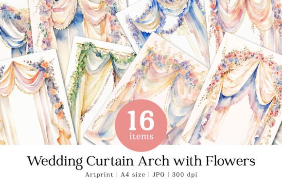 Wedding Curtain Arch Flowers Watercolor: Digital Art Prints